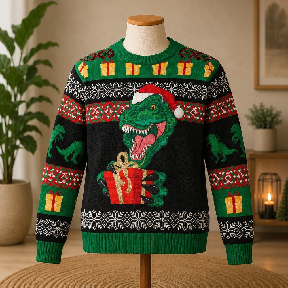 NWOT 33 Degrees Ugly Christmas Sweater Mens Small Black Green T-Rex Holiday‎